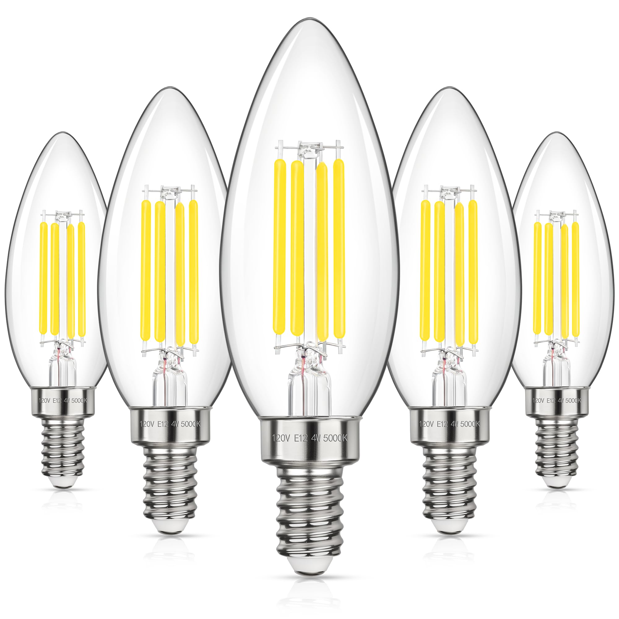 Photo 1 of GGOYING LED Chandelier Light Bulbs 40W Equivalent, 500LM E12 Candle Base, 4W B11 Filament Candelabra Bulb Daylight White 5000K, Clear Glass Non-Dimmable, 5 Pack