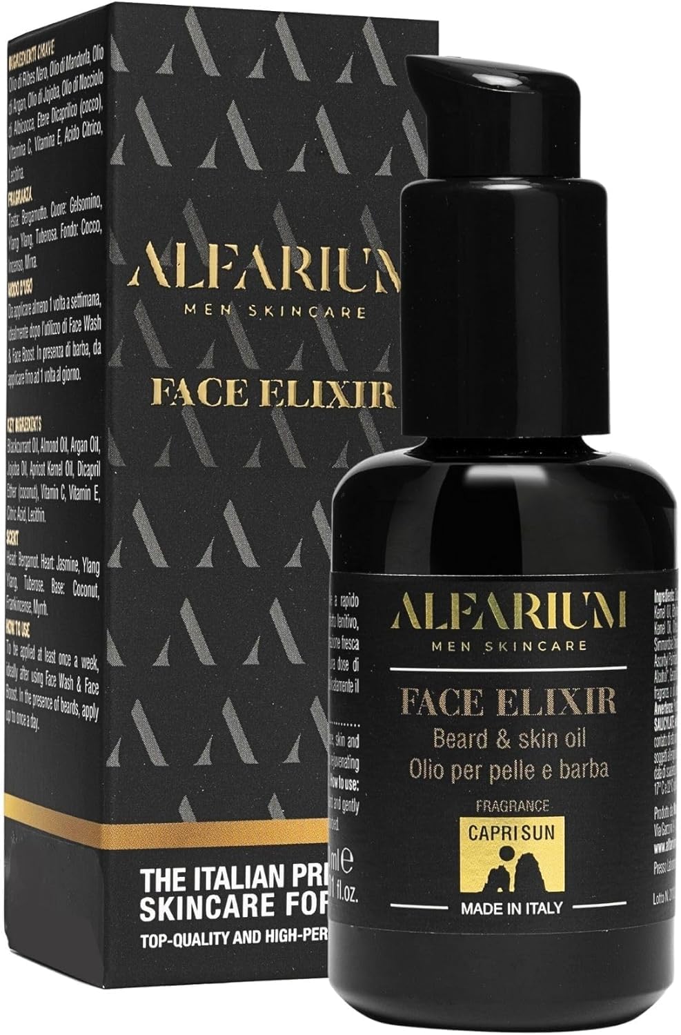 Alfarium Men's Scented Beard Oil with 8 Natural Oils and Vitamin A/C/E for Beard and Face Care - Dry Beard Oil, Non-Greasy, for Soft Beard, Silky Effect + Anti-Wrinkle - Men's Gift, Made in Italy