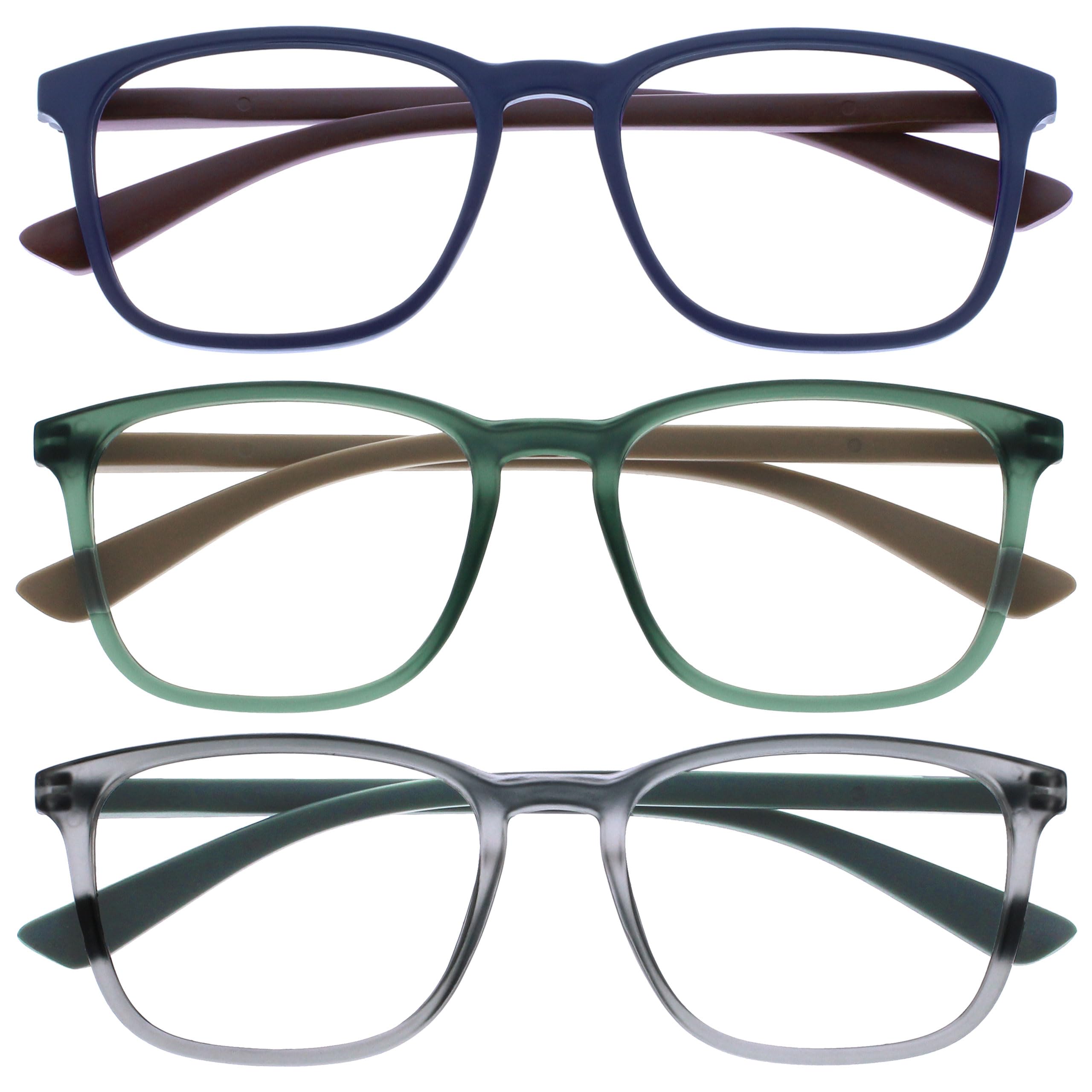 OPULIZE Max Reading Glasses 3 Pack - Classic Large Rectangular Frame - Matt Blue Green Grey - Men's Women's Unisex - Spring Hinges - RRR78-367 - +1.00