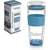 Tupkee Double Wall Glass Tumbler - 14-Ounce, All Glass Reusable Insulated Tea/Coffee Mug & Lid, Hand Blown Travel Mug - Niagara