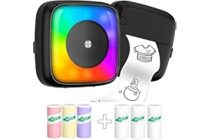 LEBT Mini Sticker Printer with 6 Rolls Sticker Paper Portable Sticker Printer Seven Color Lighting Modes Compatible with Android & iOS DIY Learning Magazine Notes Children's Gift and Travel Label