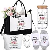 Funnymoom 5 Pack Godmother Gifts, Thank You Best God-mother Ever Themed Gift for Birthday, Only the Best Aunts Get Promoted to Godmother Tote Bag, Makeup Bag, 16 oz Drinking Glass, Sock, Keychain