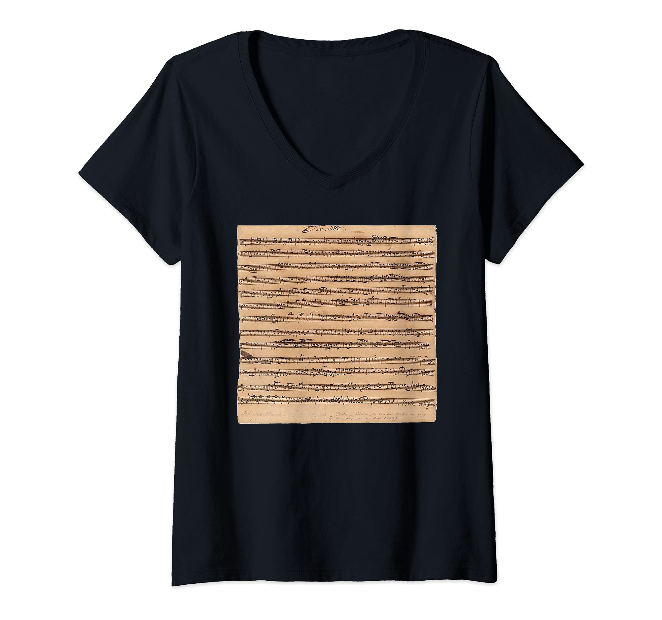 Womens Johann Sebastian Bach Handwritten Taille Sheet Music V-Neck T-Shirt