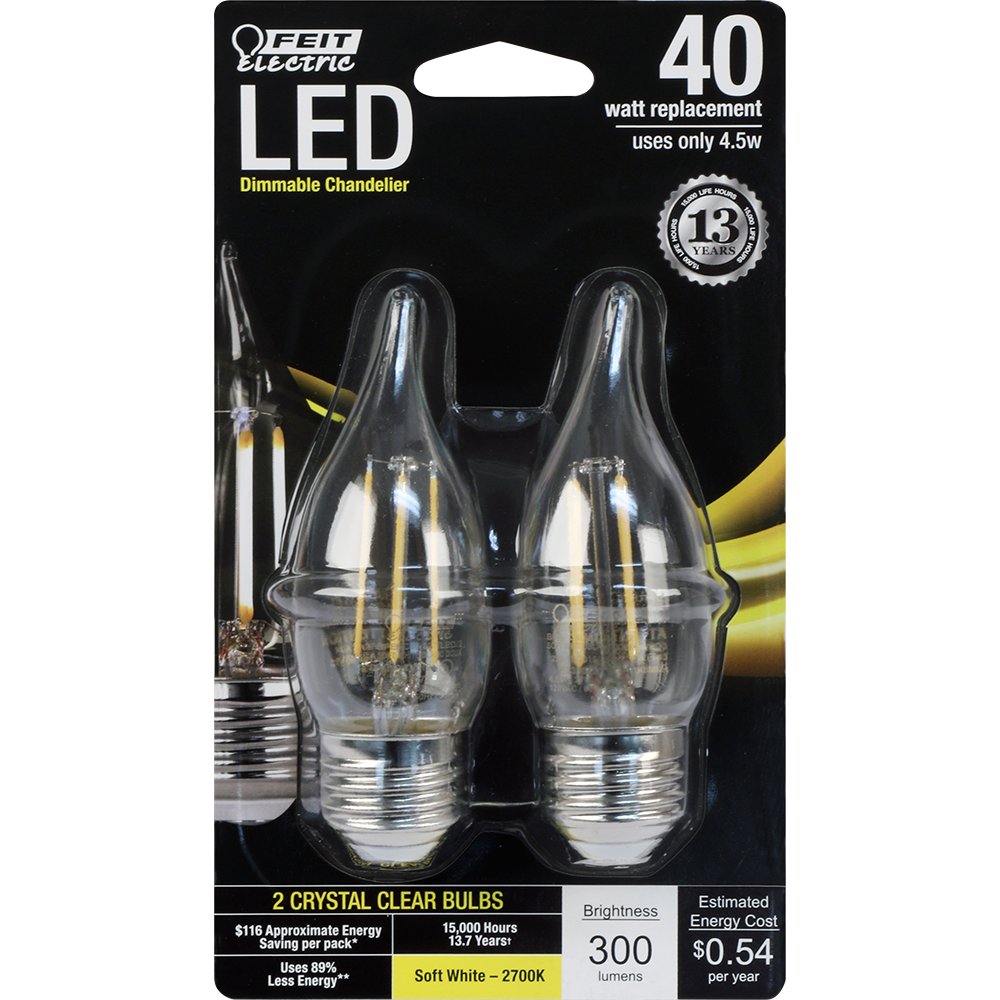 LED Bulbs 2 Pack Candelabra Base Clear Flame Tip 60 Watt Equivalent