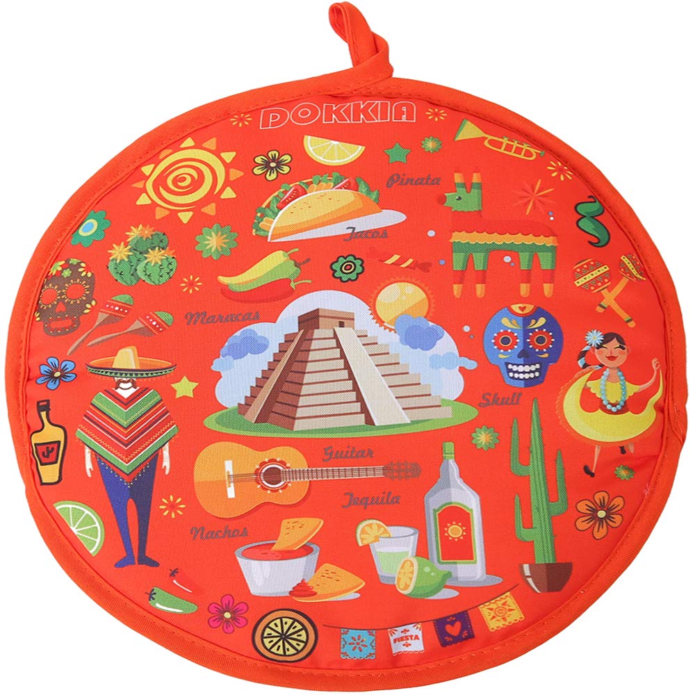 DOKKIA Tortilla Warmer 12 Inch Insulated Cloth Pouch - Microwavable Use Fabric Bag to Keep Food Warm for up to One Hour (12 Inch, Fiesta Maracas Sombrero Serape Poncho)