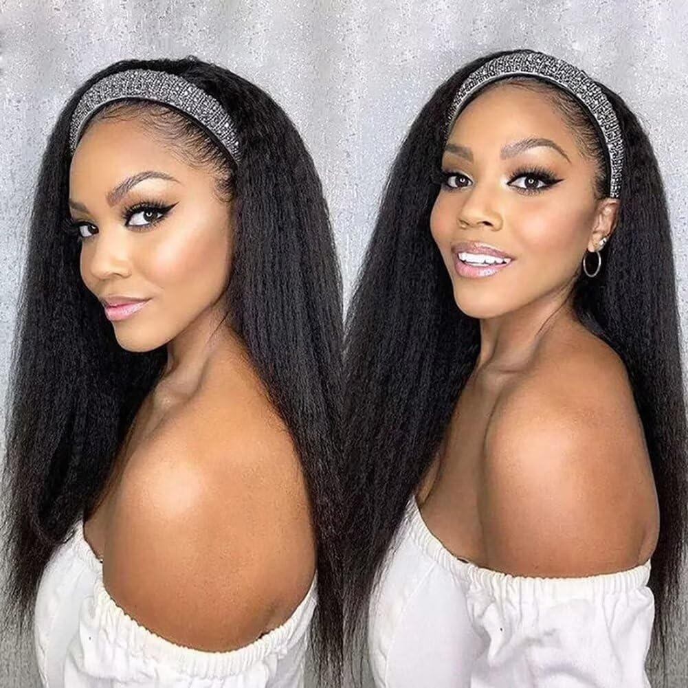 Headband Wig Human Hair 18 inch Italian Yaki Straight Human Hair Headband Wig for Black Women None Lace Front Wig Human Hair Machine Made Glueless Curly Hair Half Black Wigs With Headband Attached
