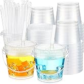 Funnymoom 30 Set Clear Buckets for Drinks 24 oz Ice Cream Plastic Cups with Lids & Straws Disposable Cocktail Drink Buckets with Handles for Outdoor Holiday Travel Wedding Birthday Party Supplies