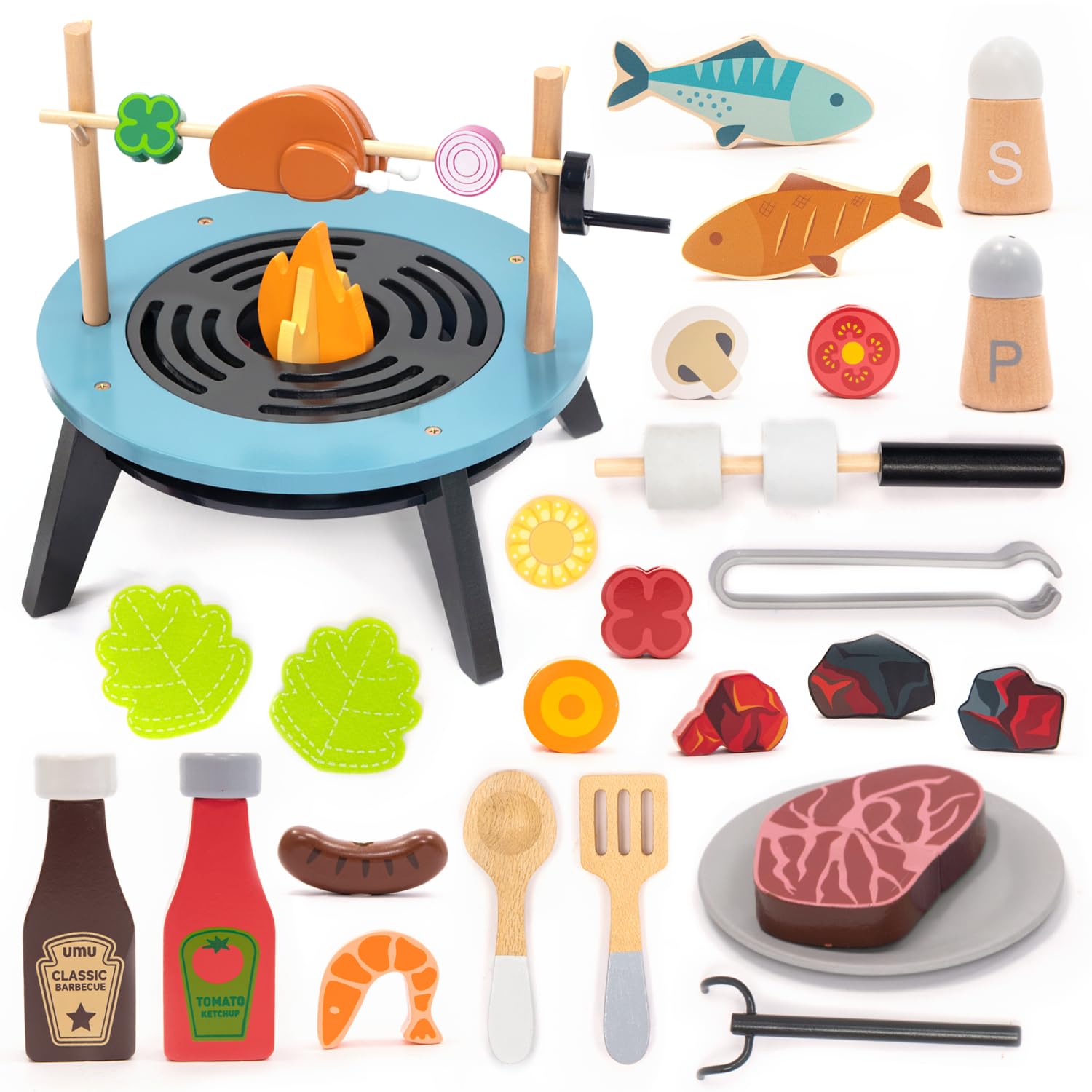 UMU® Wooden BBQ Grill Set for Kids – 45-Piece Pretend Play Barbecue Toy with Grill, Meat, Vegetables, Fish, Marshmallows & Accessories – Wooden Role Play Cooking Toy for Boys and Girls Ages 3–6
