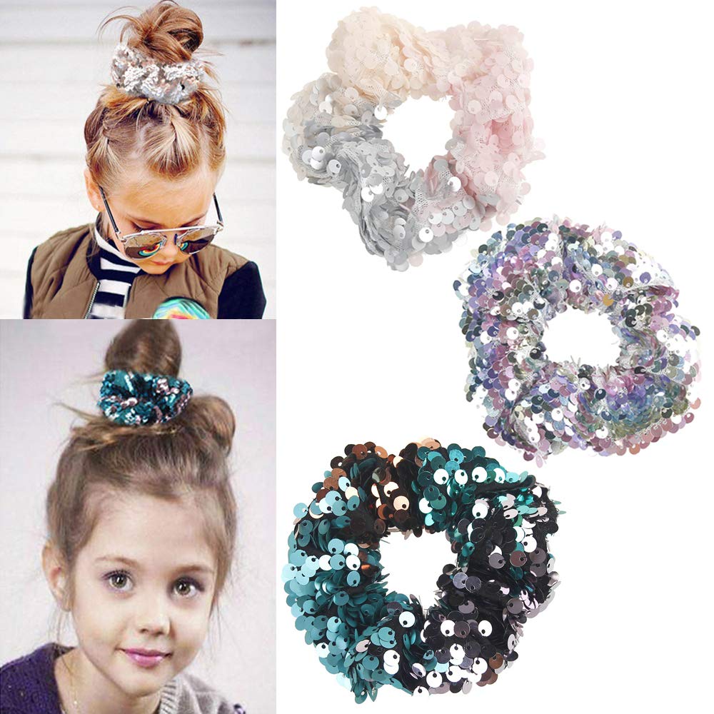 3Pcs Shiny Sequin Hair Scrunchies Hairbands, Women Girls Elastic Glitter Fashion Scrunchie Hair Ties Ropes Hair Bands Headwear Ponytail Holders Bun Cover Hair Accessories for Gym Dance Party Club (B)