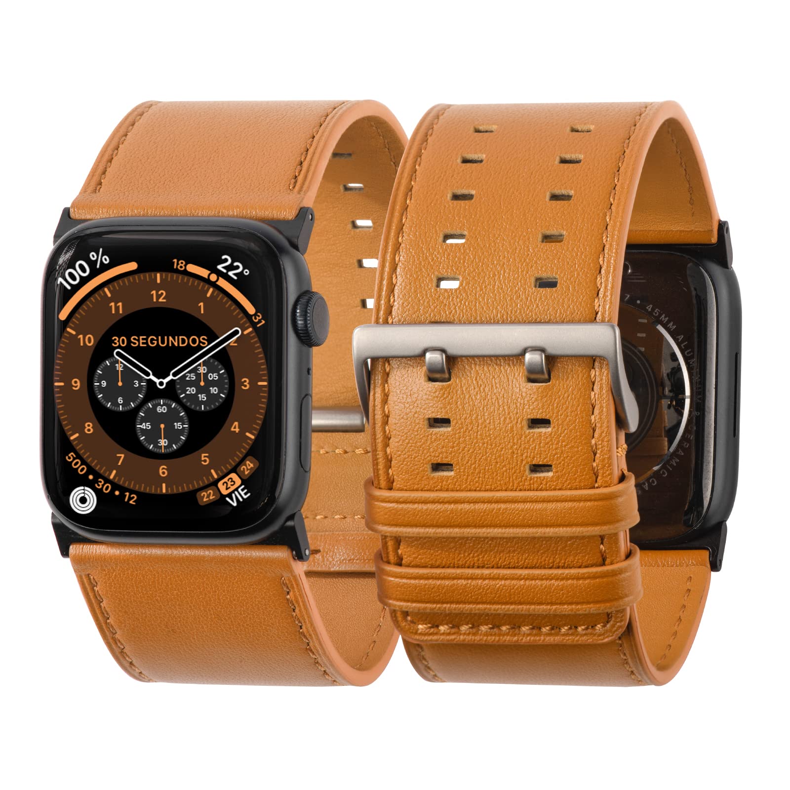 Tefeca Dual Series Replacement Watch straps Compatible with Apple Watch/Apple Watch Ultra(Brown Leather with Black Adapters, 49/45/44/42mm)