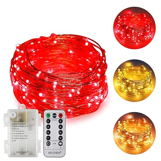 ErChen Zweifarbige batteriebetriebene LED-Lichterketten (warmweiß / rot), 66 FT 200 Leds Farbwechsel Silberfarbener Kupferdra