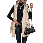 Sleeveless Cardigans for Women Faux Leather Long Vest Open Front Waistcoat Jackets with Belt Fashion Blazer Jackets