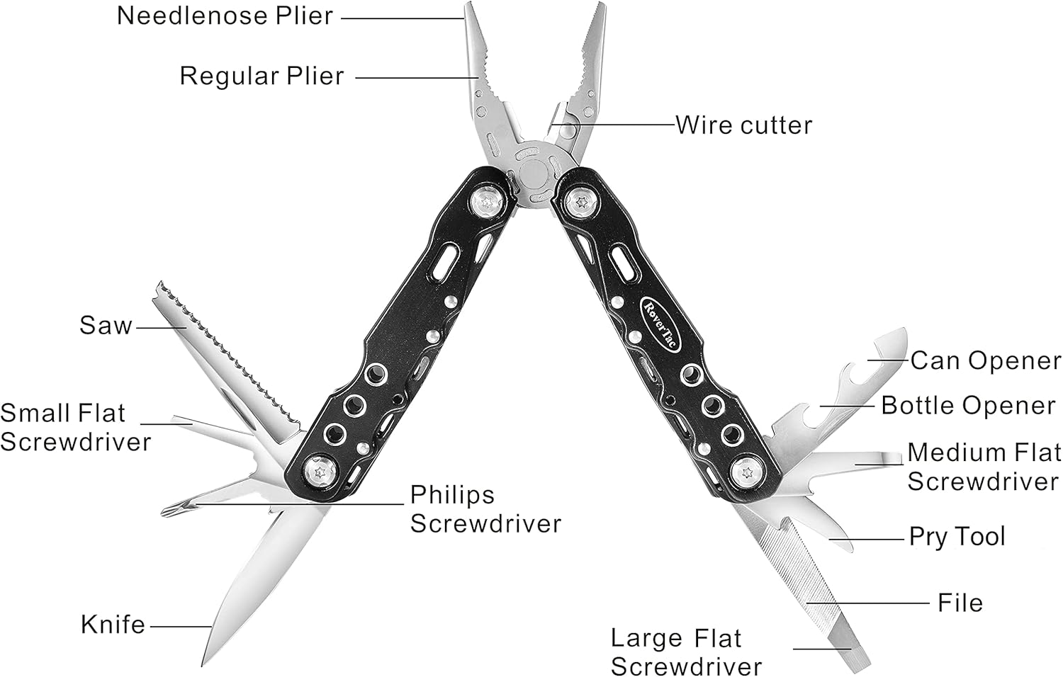 RoverTac Multitool Pocket Knife Camping Tool Fishing Pliers Safety Lock 12 in 1 Knife Screwdriver Bottle Opener Saw Durable Sheath Unique Gifts for Men Women - - 