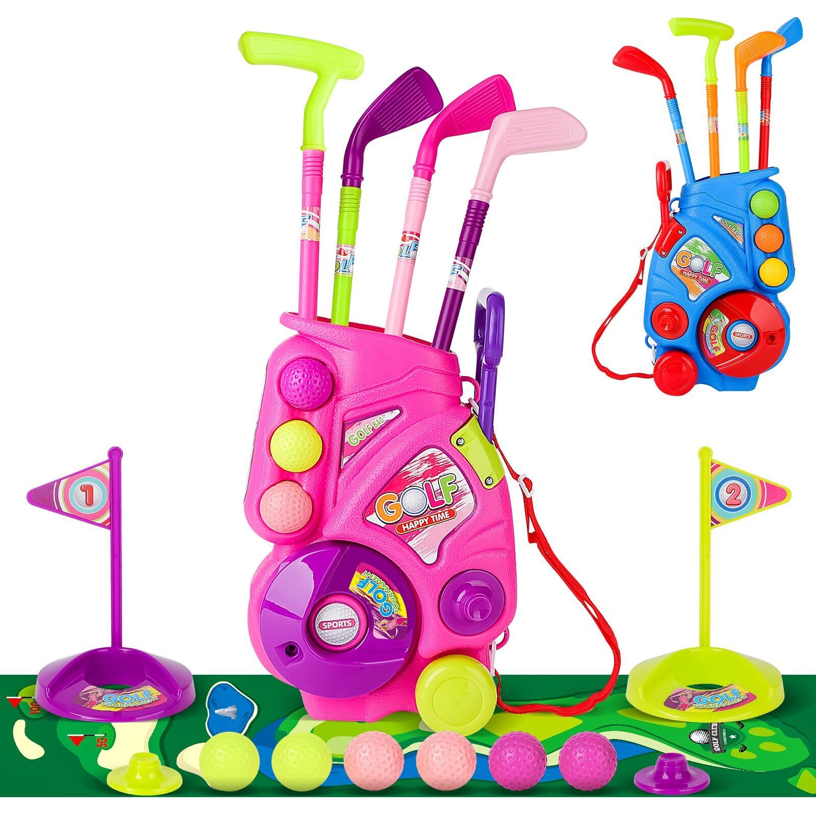 deAO Kids Golf Clubs Set, Portable Toddler Golf Set with 4 Clubs, 6 Balls, 2 Holes, 2 Flags, Indoor Outdoor Garden Toys Golf Set for Boys Girls 3 4 5 6 7 8 Years (Pink)