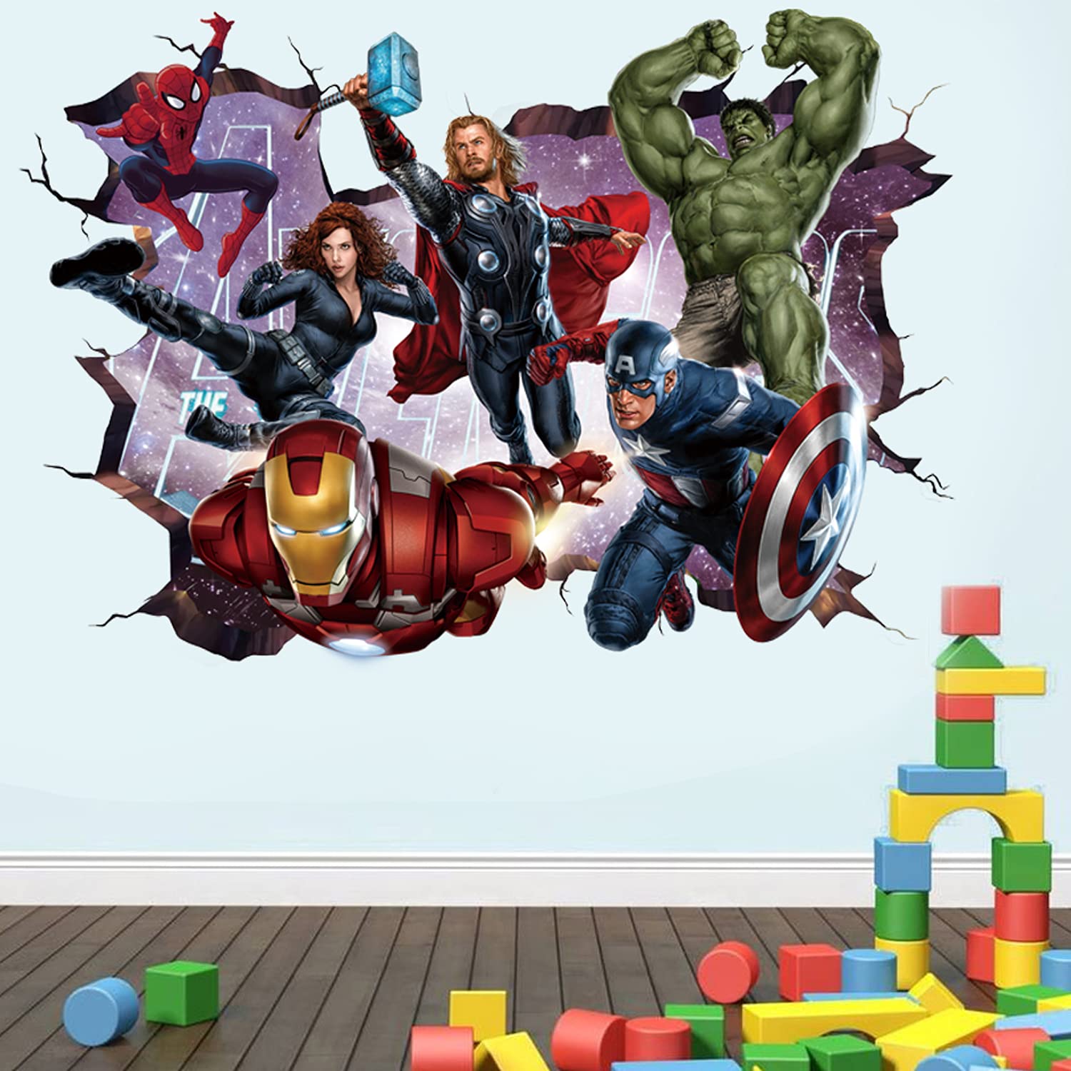 T-YU New Superheroes Breaking Through Wall Sticker 3D Hulk Captain America Children Boys Wall Decals Peel and Stickers for Walls Bedroom Living Room Home Décor(15.7X23.7) Inch