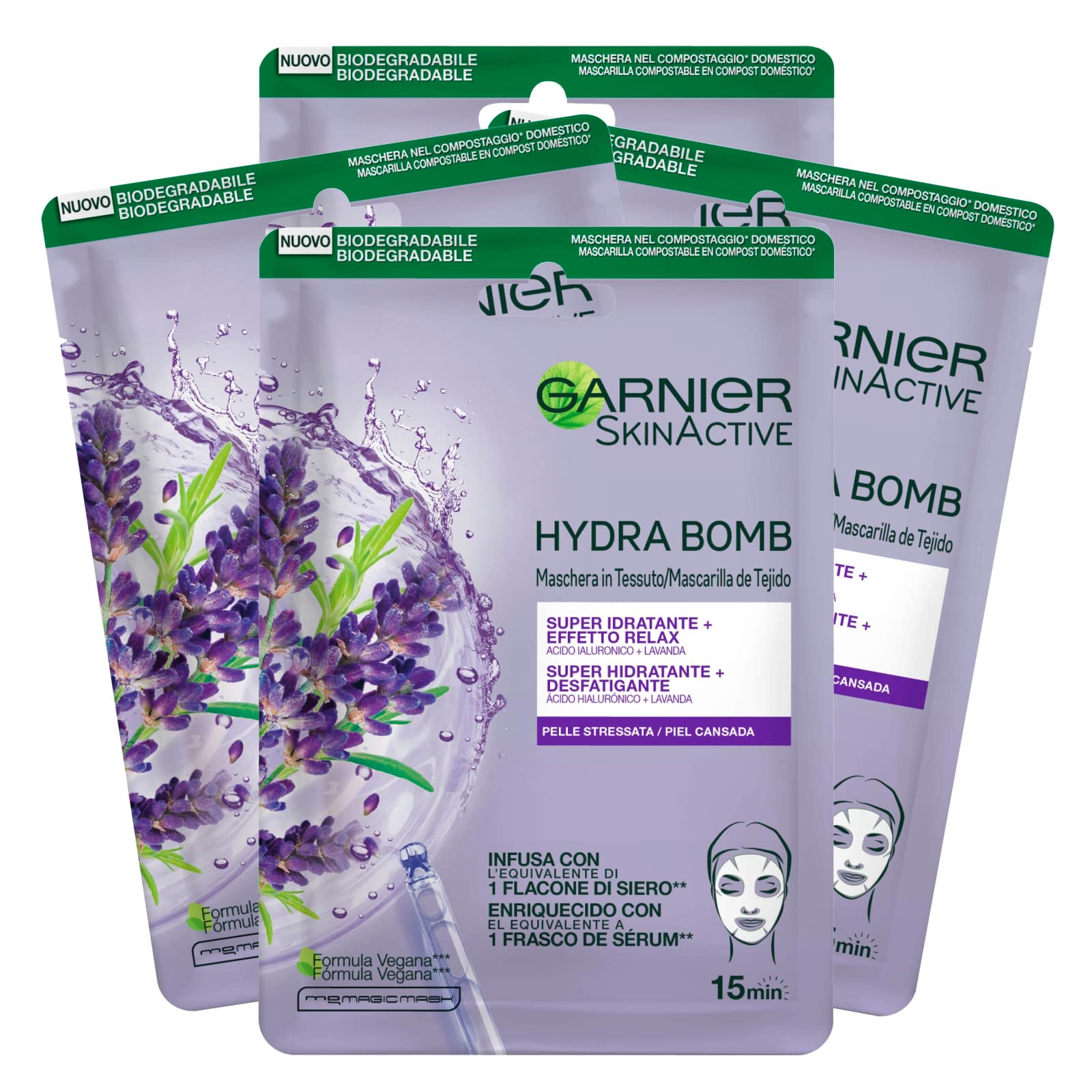 Garnier SkinActive Hydra Bomb Super Moisturizing Sheet Face Mask with Relaxing Effect Vegan Formula with Lavender and Hyaluronic Acid with Relaxing Action for Stressed Skin - 4 Disposable Masks
