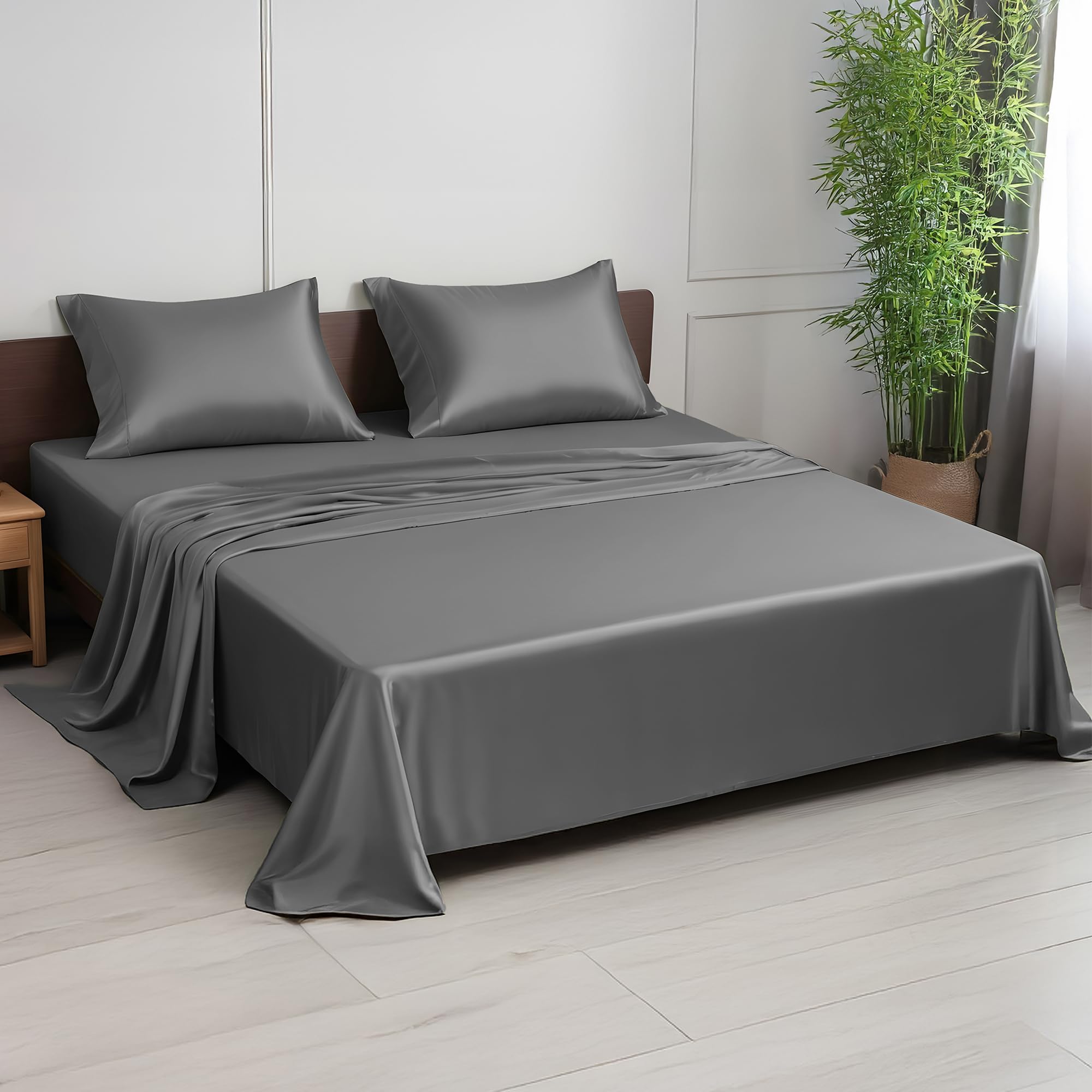 LINENWALAS 100% Bamboo Double Sheet Set, 300 Thread Count Silky Soft Cooling Bed Sheets, 4-Piece Luxury Bedding Set for Skin Care (Double, Charcoal Grey) — image 1