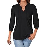 Rooscier Women's Pleated 3/4 Sleeve Notch V Neck Loose Fit Business Casual Tunic Tops Blouses Shirt