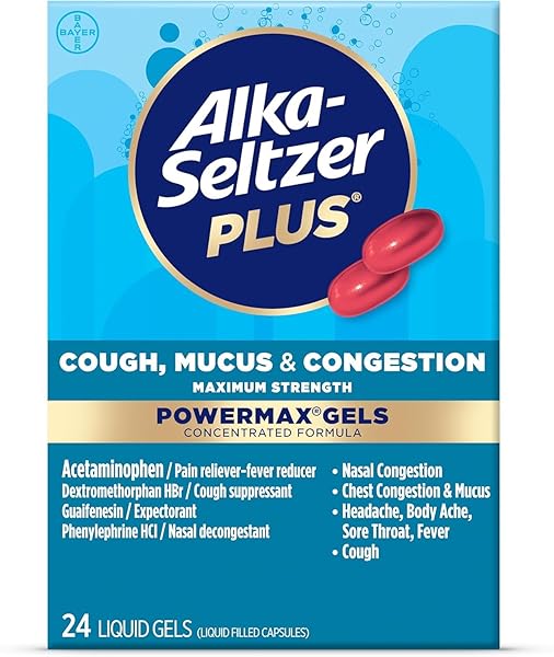 ALKA-SELTZER PLUS MAXIMUM STRENGTH COUGH, MUCUS & CONGESTION POWERMAX LIQUID GELS, FAST AND EFFECTIVE CHEST CONGESTION RELIEF, COUGH SUPPRESSANT, FOR ADULTS AND CHILDREN 12 YEARS AND OLDER 24 COUNT