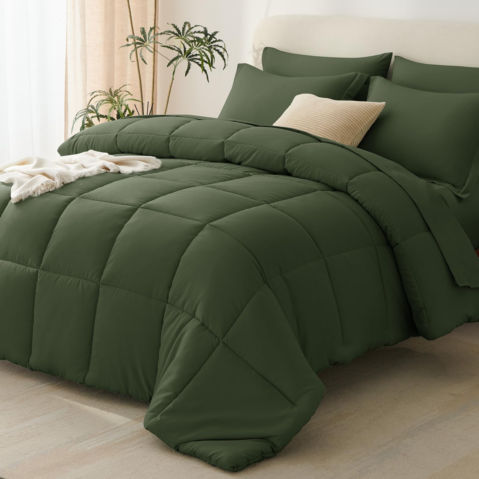 CozyLux Full Size Comforter Sets Olive Green - 7 Pieces Bed in a Bag Full, Oeko-Tex Certified Bed Set, All Season Soft Bedding Set with Down Alternative Comforter, Sheets, Pillowcases & Pillow Shams Image