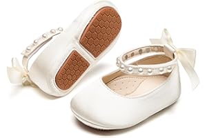 PHIRAMIN Baby Girls Mary Jane Flats - Infant Newborn Walking Shoes Soft Rubber Sole Princess Wedding