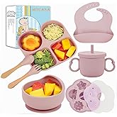 MIICASA Silicone Baby Feeding Set, Baby Led Weaning Supplies, Baby Food Tableware Silicone Suction Plate, Bowl, Spoons, Fork, Waterproof Bib, Cup & Complementary Food Cake Mold, Baby Eating Utensils