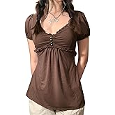 Women Square Neck Crop T-Shirt Short Sleeve Lace Trim Top Vintage Fairy Grunge Y2K Tee Aesthetic Streetwear