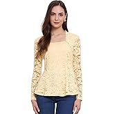 Allegra K Lace Tops for Women's Square Neck Long Sleeve Stertch Elegant Casual Peplum Blouse Top