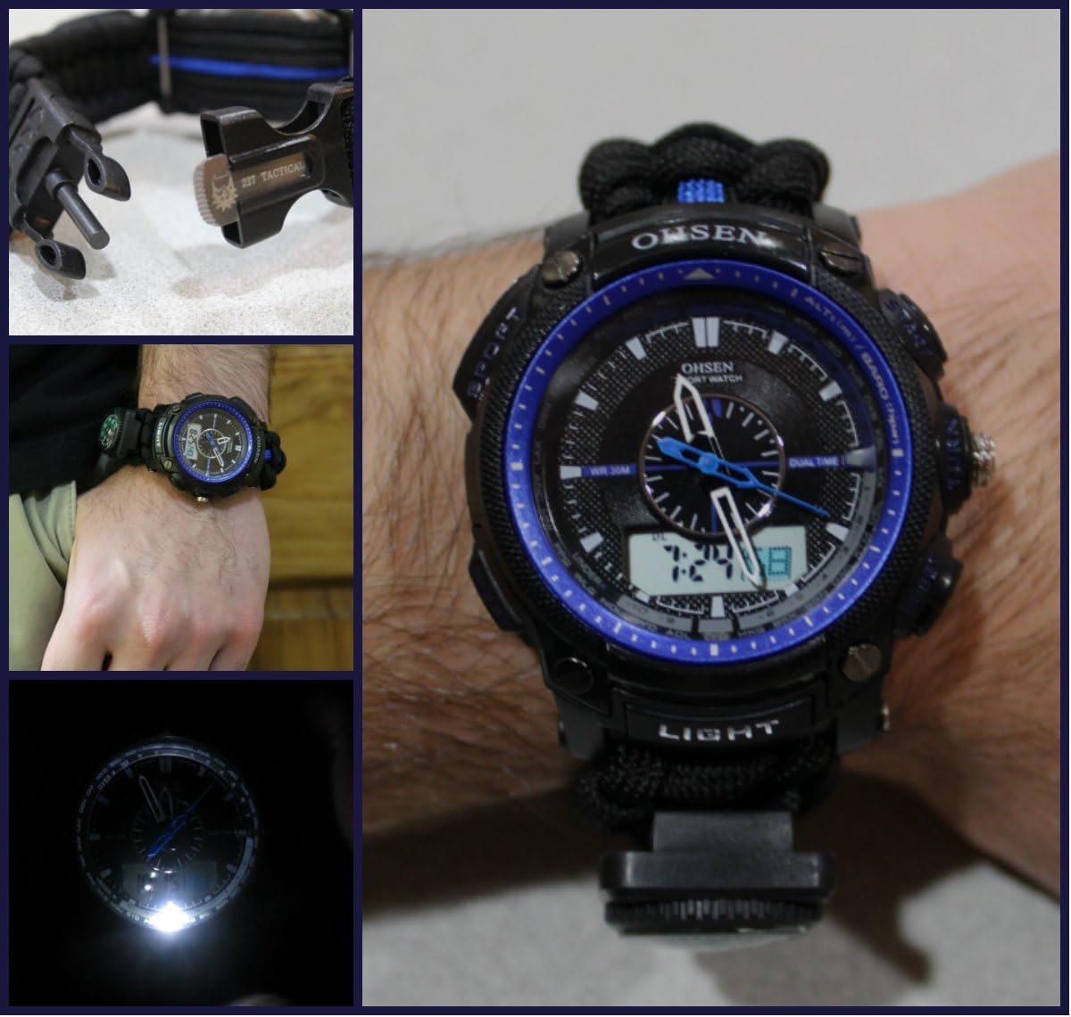 227 - Thin Blue LINE Survival Paracord Watch w/Firestarter - Knife - Stopwatch - Alarm - Compass and More