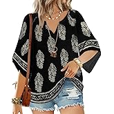GUNEST Boho Tops for Women V Neck 3/4 Sleeve Lightweight Blouses Trendy Loose Fit Bohemian Dressy Casual Peasant Tunic Blouse