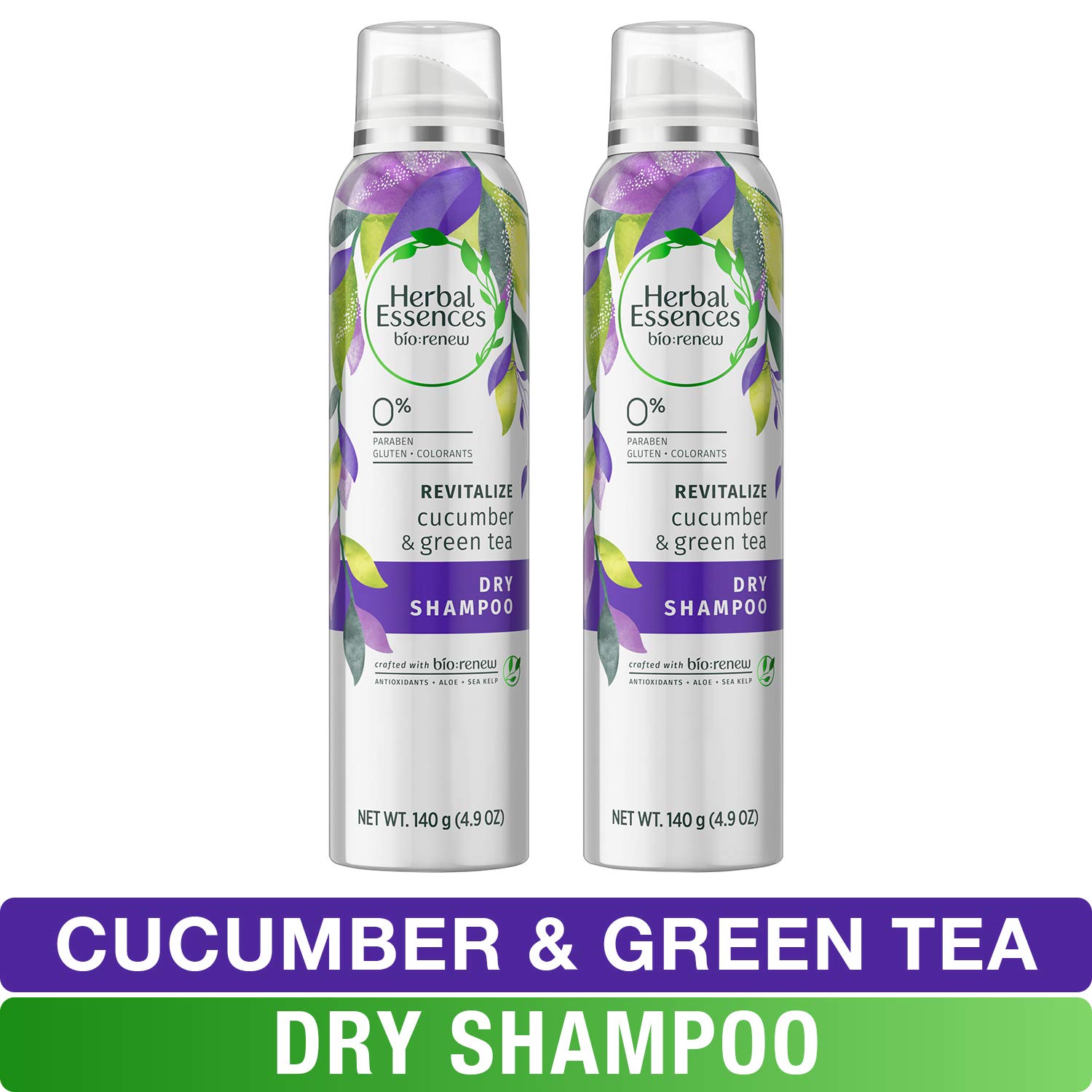 Herbal Essences, Dry Shampoo, Paraben Free, BioRenew Cucumber & Green Tea, Aloe and Sea Kelp, 4.9 fl oz, Twin Pack