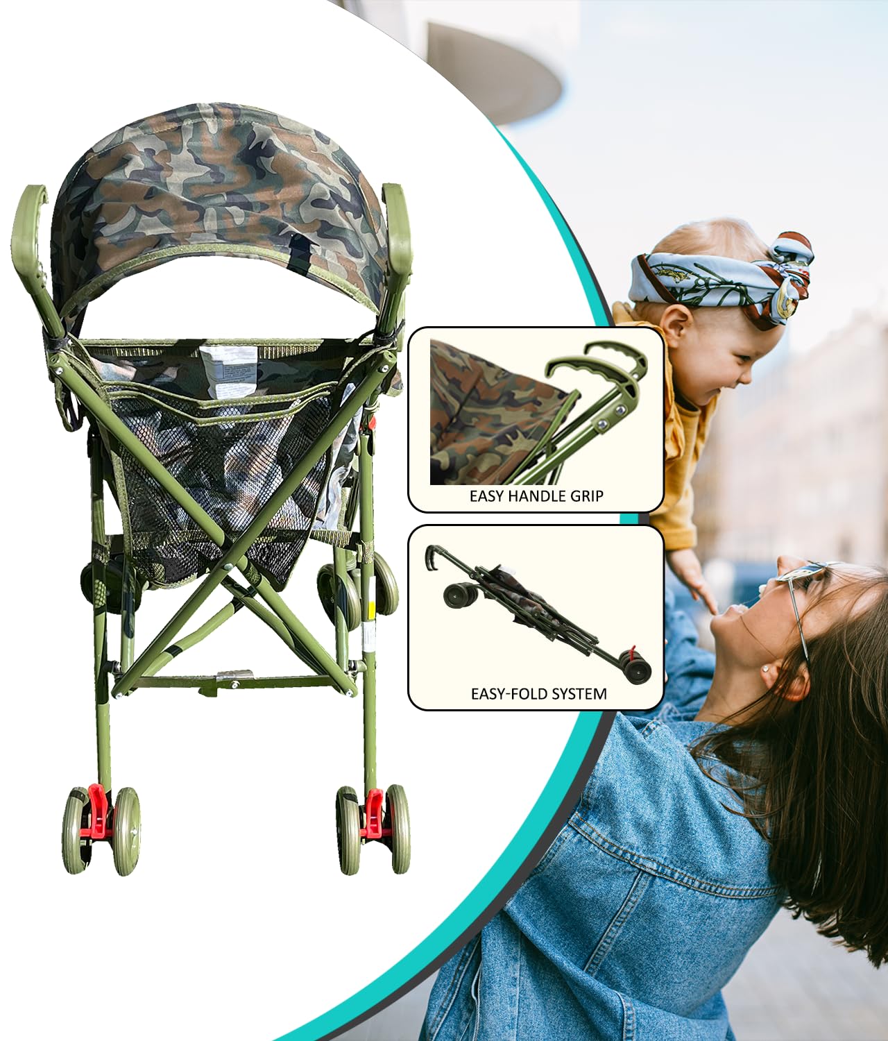 AmorosO Single Umbrella Stroller for Toddler - Travel Stroller for Babies - Sun Protection Cover - Nylon Fabric Material - Metal Frame - PP Plastic Handle Material - Camouflage
