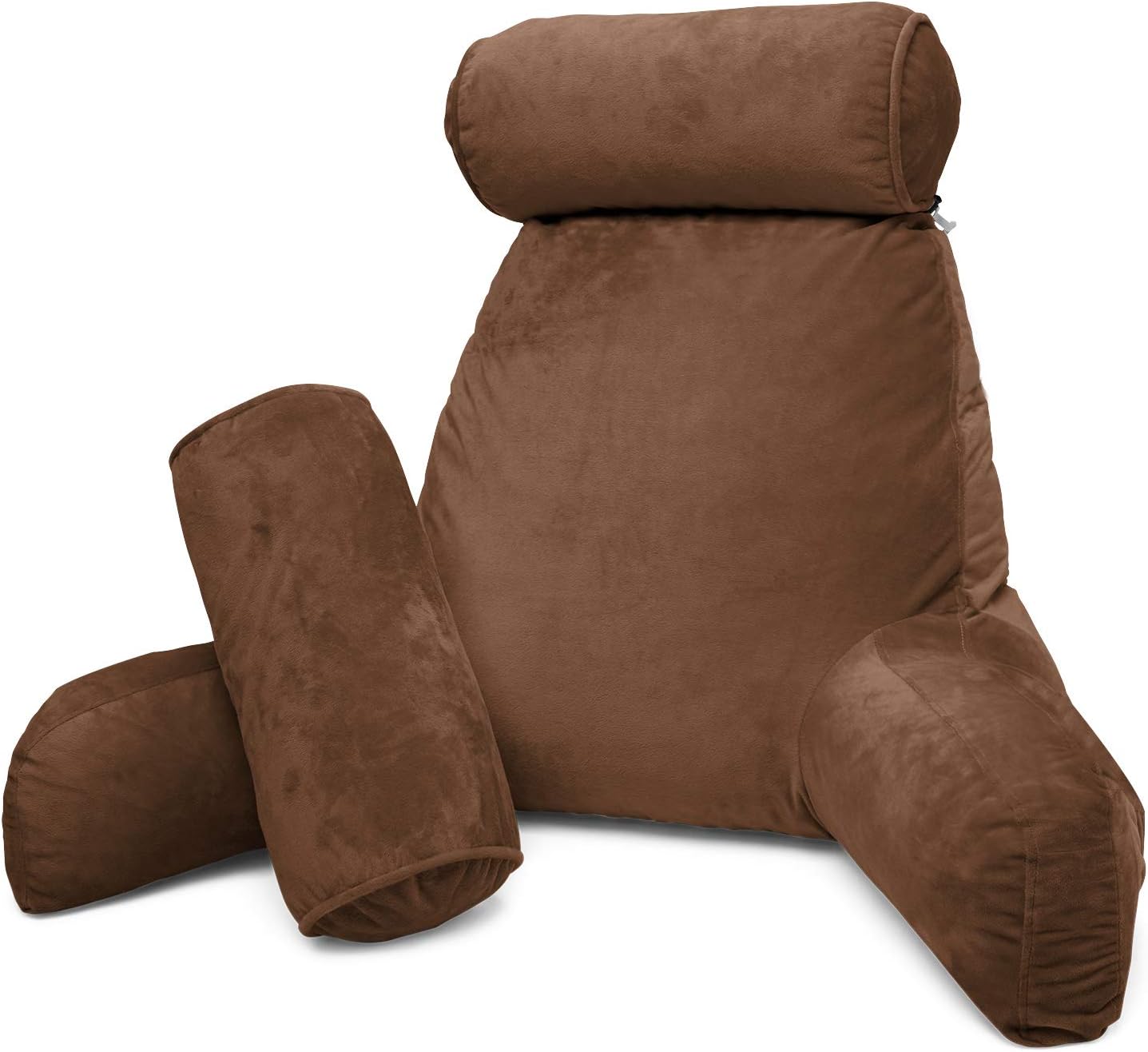 Clara Clark Bed Rest Reading Pillow with Arms and Pockets Premium Shredded Memory Foam, Detachable Neck Roll & Lumbar Support, Large, Brown: Home & Kitchen