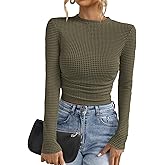 PRETTYGARDEN Womens Tops 2026 Spring Long Sleeve Fitted T Shirts Waffle Ruched Crop Shirt Basic Knit Workout Y2k Clothes