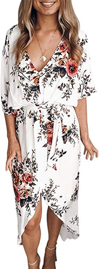 Damen Sommerkleid Blumen A-Linie - Leicht & Luftig Mit V-Ausschnitt