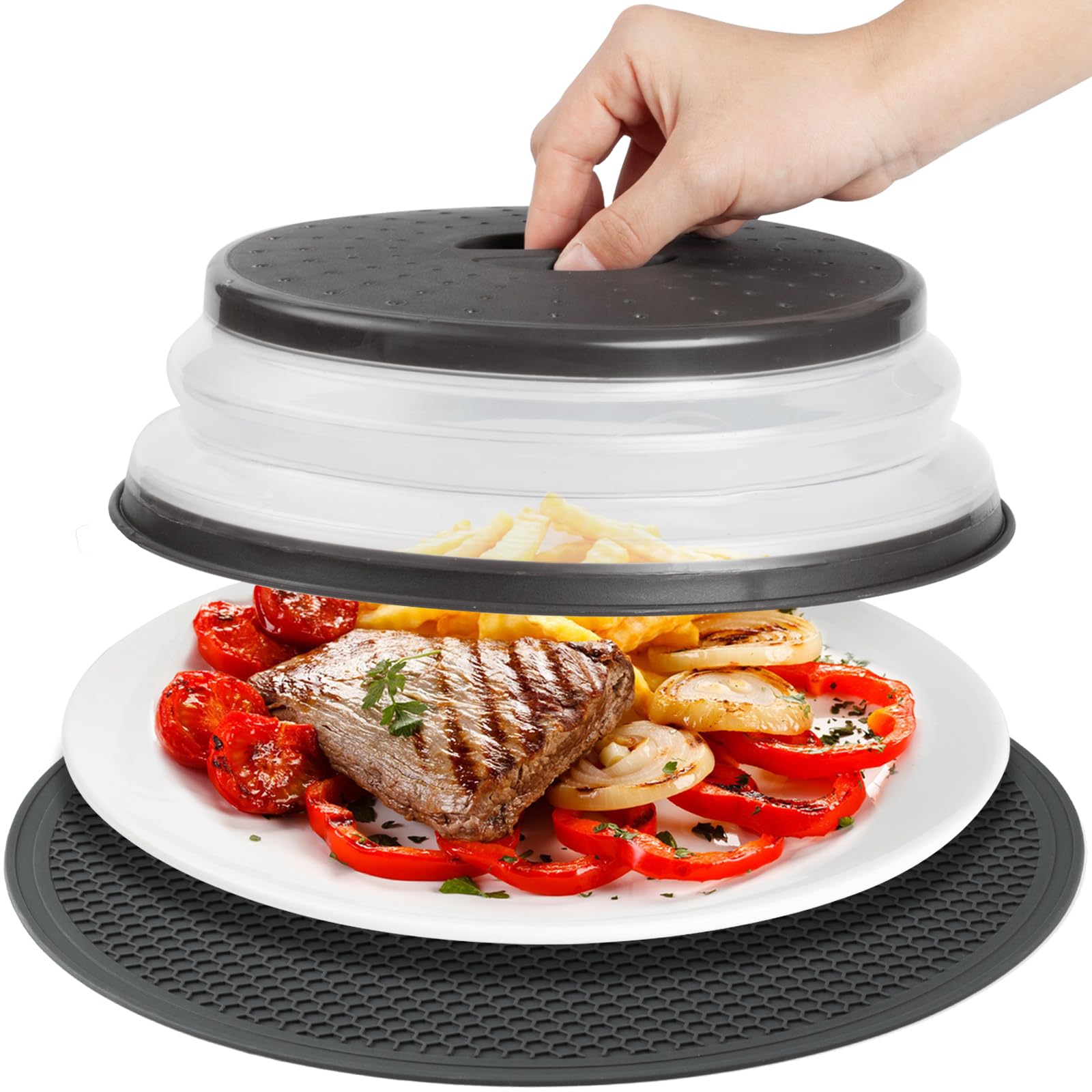 Photo 1 of MAGJIUKE Microwave Splatter Cover & Silicone Mat – Collapsible, Vented, Reusable Food Guard and Plate Cover with Heat-Resistant Trivet for Pots, Pans, and Kitchen Counter, Black