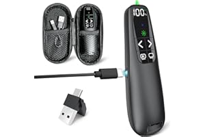UBUYONE Rechargeable Presentation Clicker with Case, Power Digital Display Wireless Presenter Remote, USB C Green Light Pointer Computer PowerPoint PPT Clickers for Mac Laptop, Slideshow Google Slide Advancer