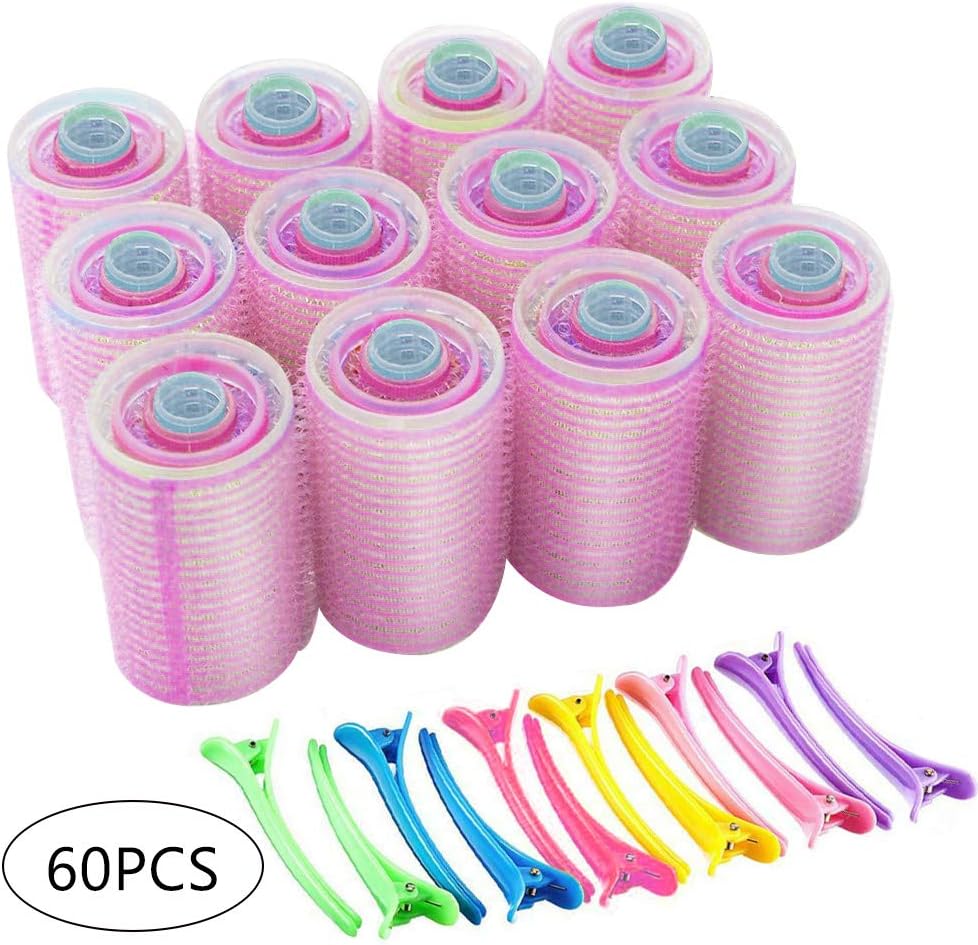 60 Pack Self Grip Hair Rollers Set Large Medium Small Vented Hair Holding Rollers Salon Hairdressing Curlers Bangs Set Duck Teeth Bows Hair Clips for Long Medium Short Hair Kids