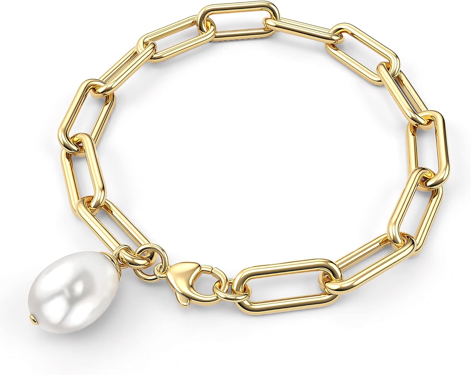 KAIYA 14K Gold Plated Chunky Paperclip Link Chain Freshwater Pearl