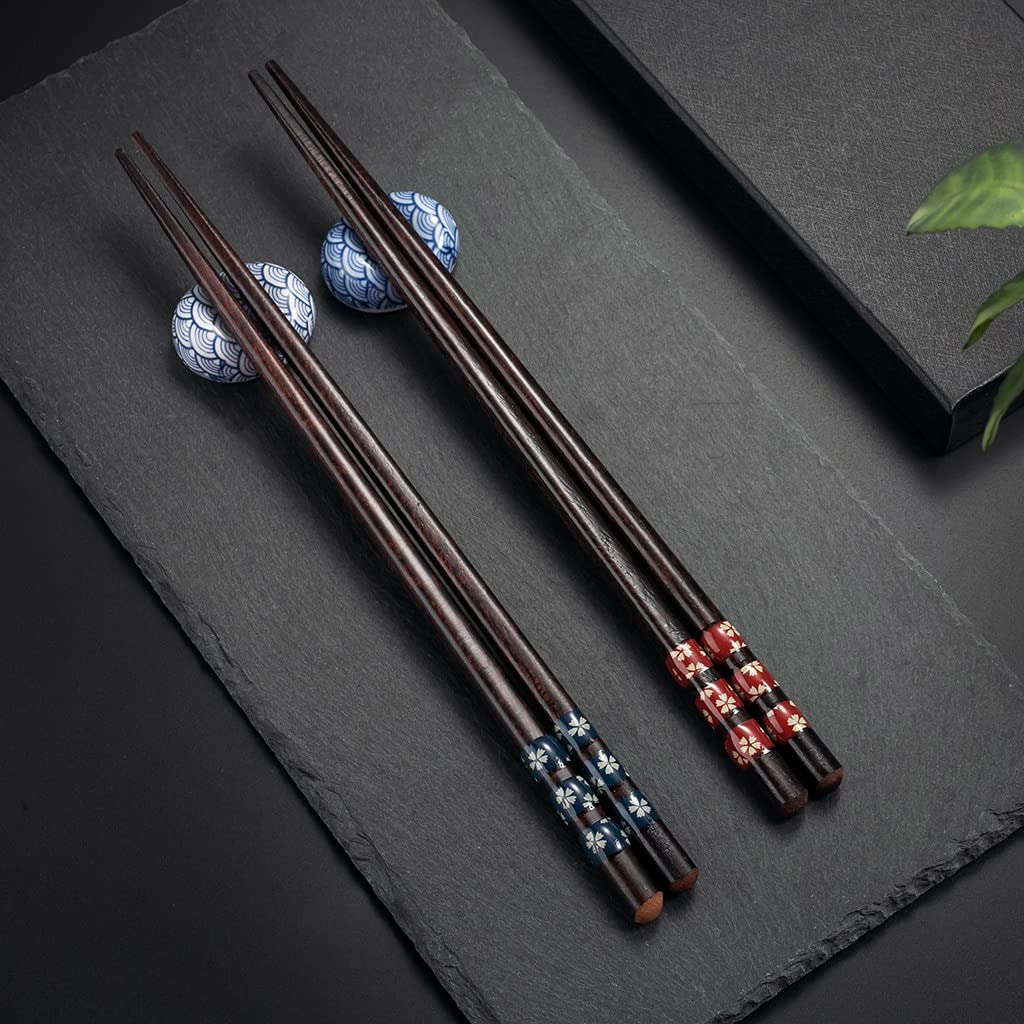 Hongyantech Wood Chopsticks Set of 2 (Blue/Red) with 2 Chopsticks Rests in Elegant Gift Box
