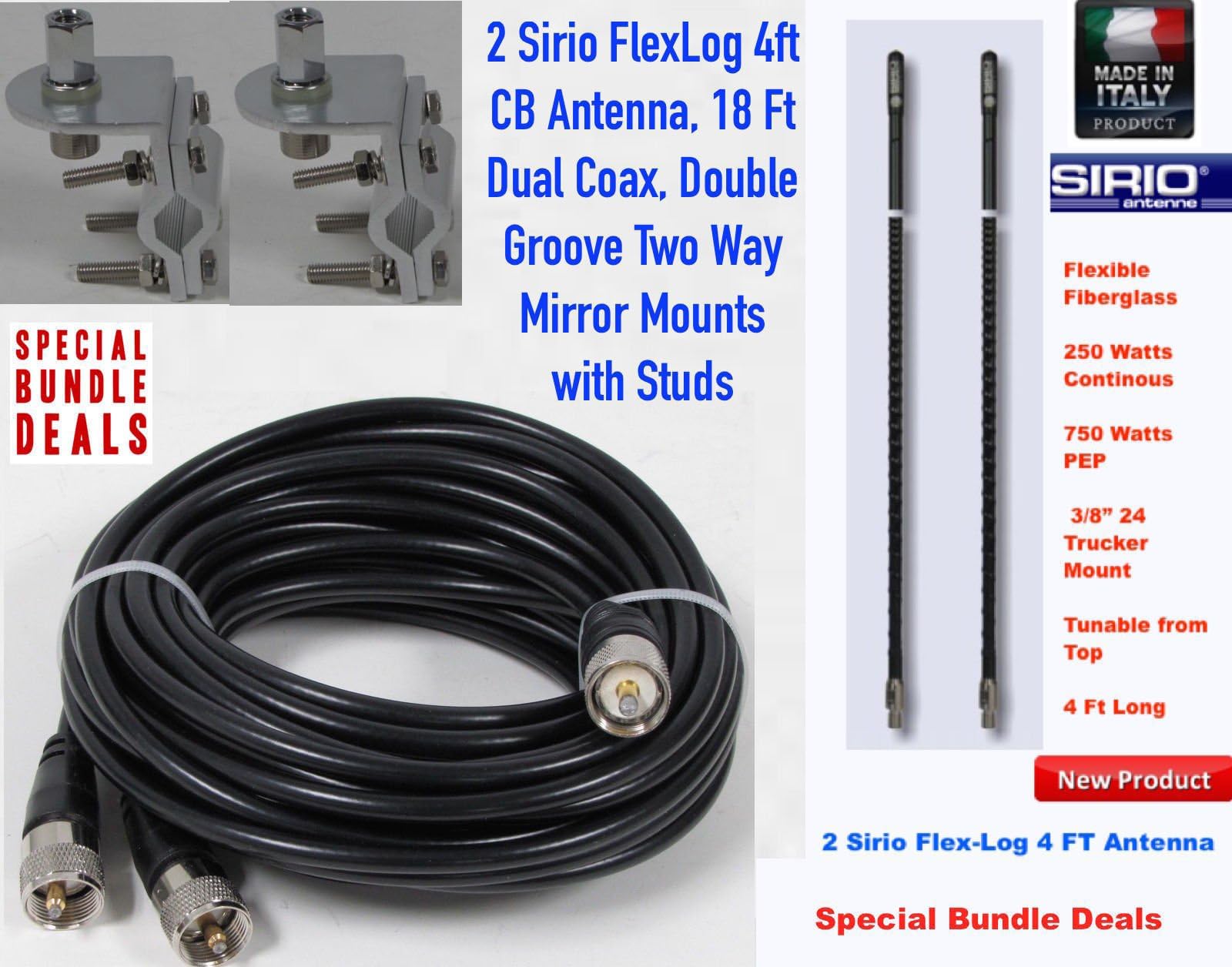 2 Sirio Flex-Log 4 High Performance CB Antenna, 18FT Dual Coax, Brackets & Studs