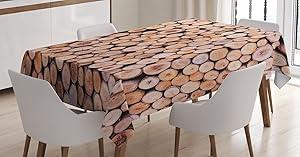 Ambesonne Rustic Tablecloth, Mass of Wood Logs Forest Tree Ecology Industry Group of Cut Lumber Circle Stack Image, Rectangular Table Cover for Dining Room Kitchen Decor, 60" X 90", Cream