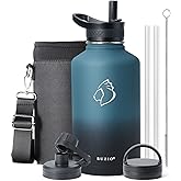 BUZIO 64 oz Water Bottle Insulated with Straw & 3 lid and Carrying Pouch, Leak Proof Half Gallon Stainless Steel Water Flask Jug, Cold for 48 Hrs Double Vacuum Thermo Canteen, BPA-Free, Indigo Crush