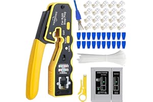 YWNEGWE RJ45 Crimp Tool Kit Pass Through Ethernet Crimper for Cat5e Cat6 Cat6a 8P8C Modular Plugs, All-in-One Cat6 Crimping Tool with 20Pcs Connectors 20Pcs Covers,Mini Stripper,Cable Zip Ties,Cable Tester