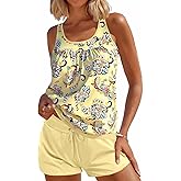 Modlily Classic Two Piece Tankini Swimsuits, Tummy Coverage Bathing Suits, Blouson Tank Top with Board Shorts
