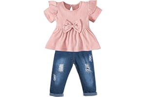 tagyum Toddler Baby Girl Clothes Outfit Infant Denim Clothing Ruffle Sleeve Top Ripped Jeans Pants 2 Piece Sets