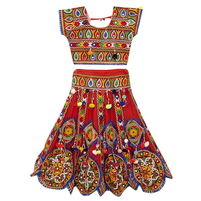 Banjara By Hopscotch Girls 100% Cotton Kutchi Embroidered Chaniya Choli in Red Color