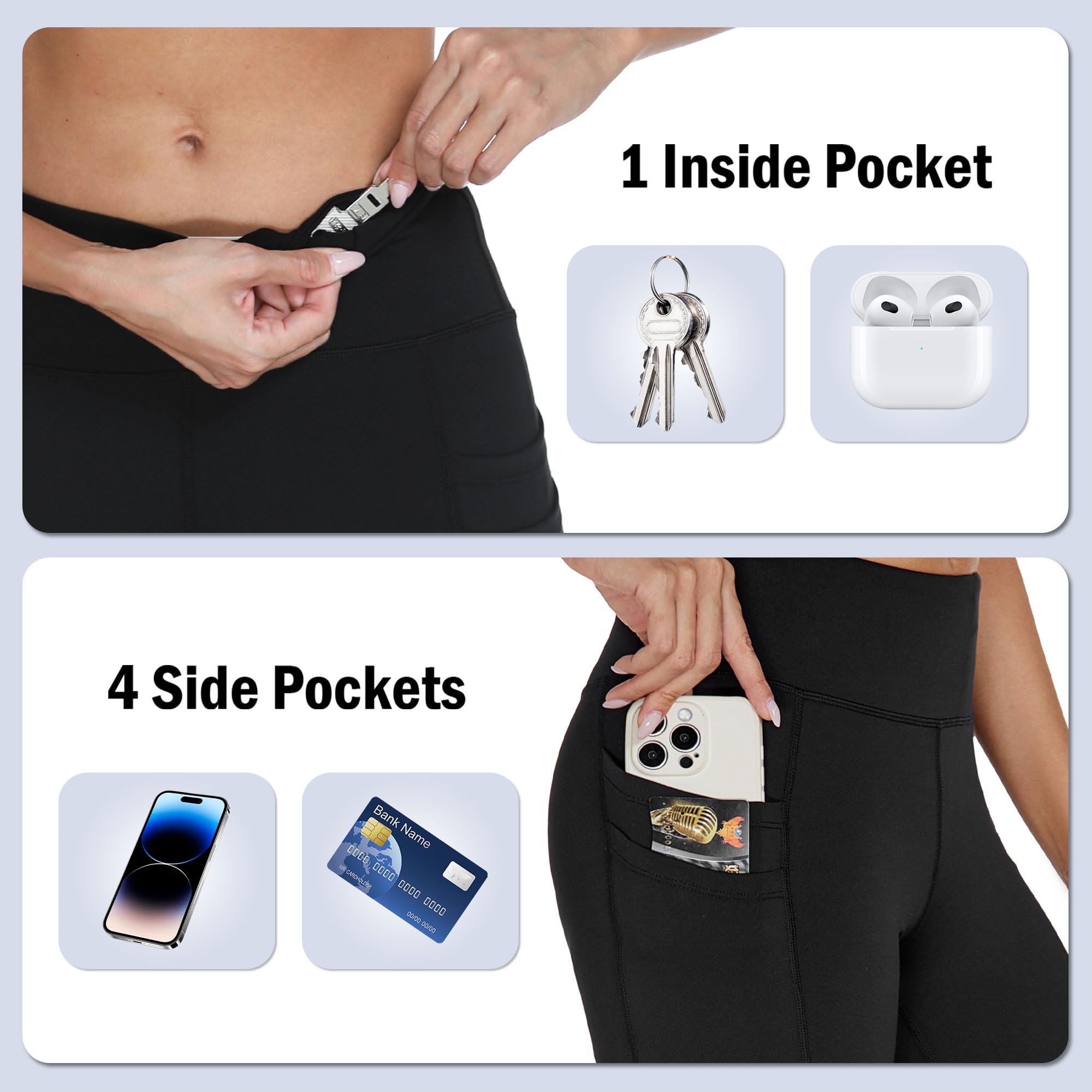 adorence Sport Leggings Damen 3/4, Capri Leggings Damen mit 5 Taschen, Blickdicht Sporthose High Waist Yogahose Laufhose Fitnesshose -Schwarz,S 4