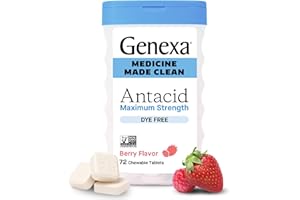 Genexa Clean Antacid Maximum Strength Chewable Tablets, Dye Free, 0% Artificial Additives, Calcium Carbonate Relief for Heartburn, Acid Indigestion, & Upset Stomach, Organic Berry Flavor, 72 ct