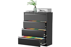 Greenvelly Lateral File Cabinet 4 Drawer, Black Filing Cabinet with Lock, Lockable File Cabinet for Home Office, Locking Metal File Cabinet for Legal/Letter/A4/F4 Size with Hanging Bars&Key